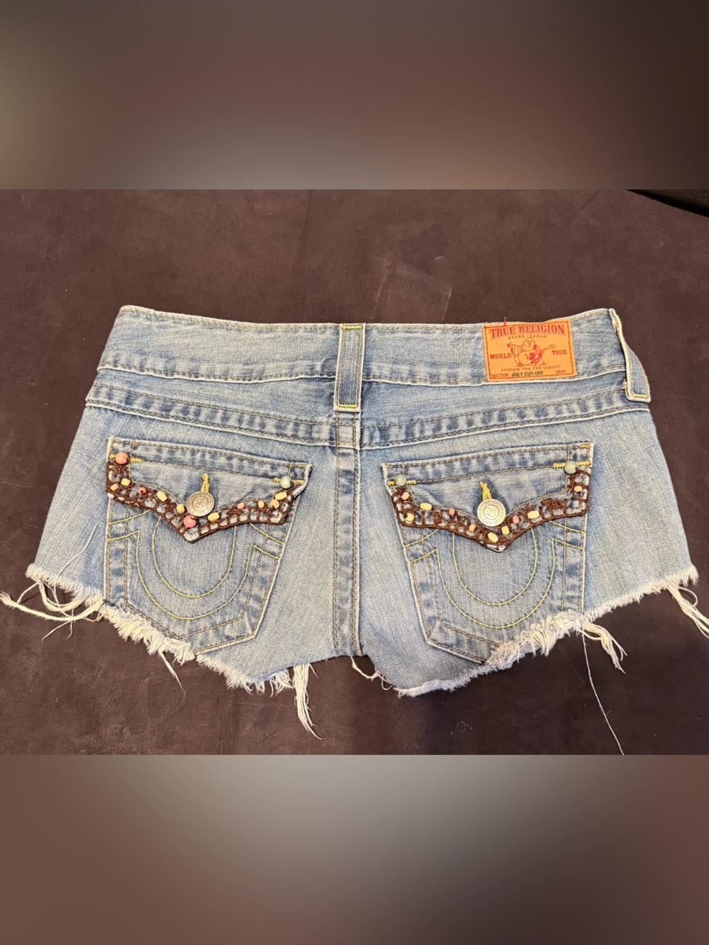 True religion shorts jeans denim low rise Joey cut-off 26 beads frayed short